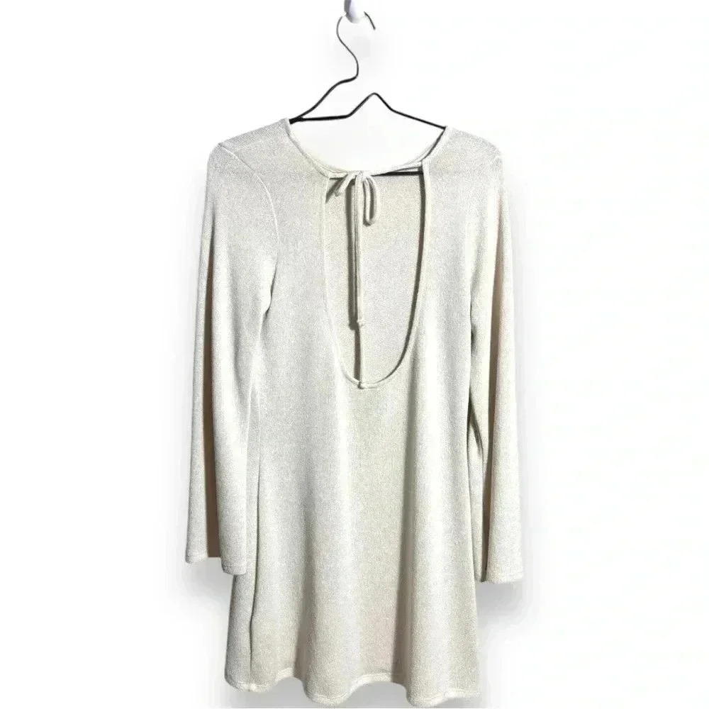 Divided H&M Long Bell Sleeve Cream Lightweight Cutout Tie Back Mini Shift Dress - Picture 16 of 16
